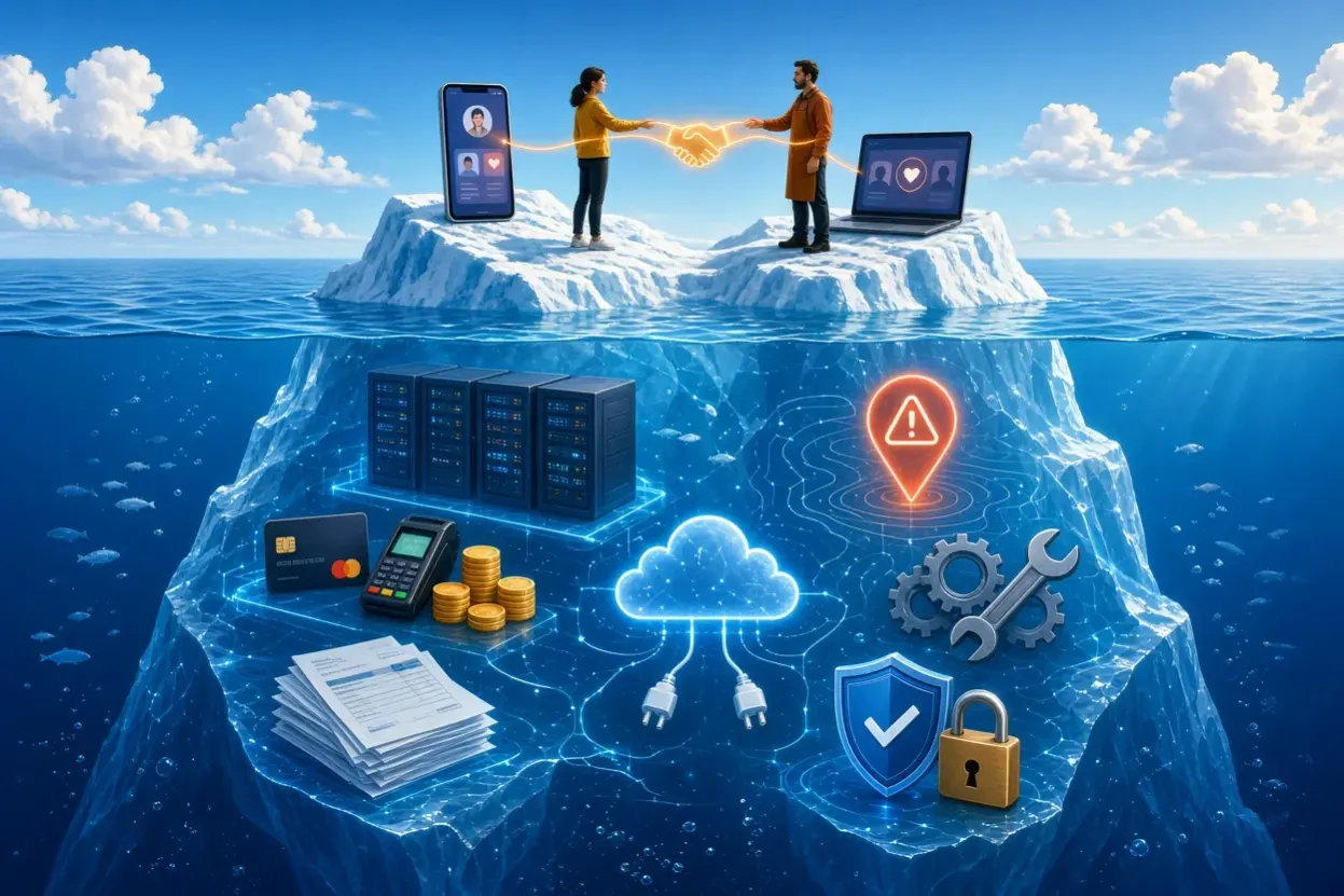Un iceberg dont la partie immergée montre les coûts cachés d'une plateforme de mise en relation, sous un client et un artisan qui se serrent la main