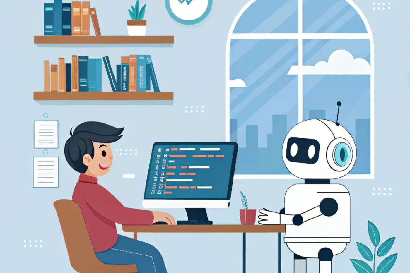 Un développeur et un robot travaillent ensemble devant un écran de code