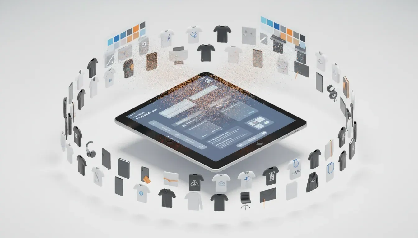 Catalogue e-commerce B2B affiché sur une tablette, entouré de produits publicitaires